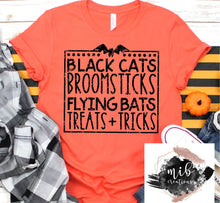 Load image into Gallery viewer, Black Cats, Broomsticks, Flying Bats, Treats & Tricks Shirt