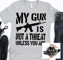 Load image into Gallery viewer, My Gun Is Not A Threat Unless You Are Shirt