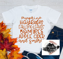Load image into Gallery viewer, Pumpkins, Hayrides, Falling Leaves Youth Shirt