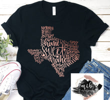 Load image into Gallery viewer, Texas Word Art Rose Gold Shirt