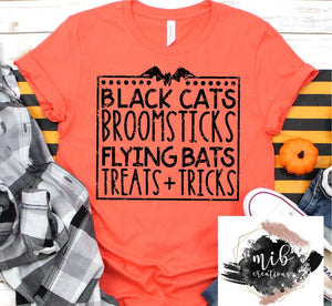 Black Cats, Broomsticks, Flying Bats, Treats & Tricks Shirt