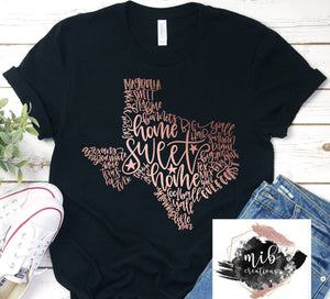 Texas Word Art Rose Gold Shirt